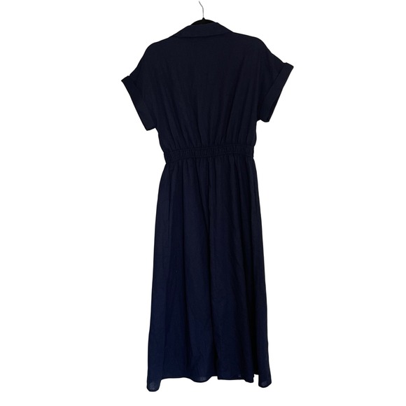 NWT BALTIC BORN Navy Blue Button Front Collared Midi Dress Size M Cotton Linen - Picture 2 of 6